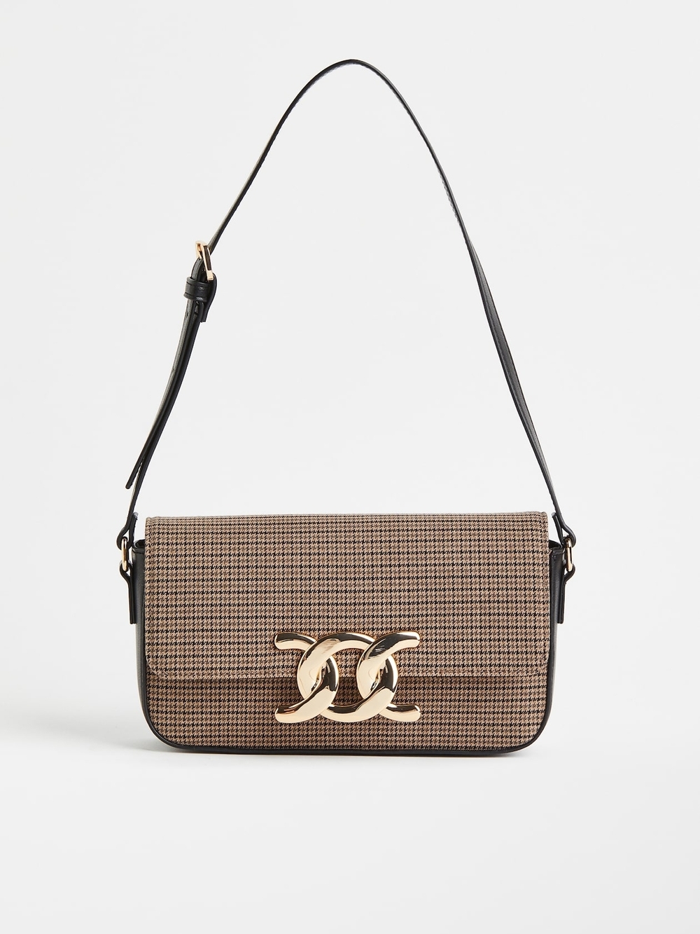 H&M Black & Cream Houndstooth Shoulder Bag with Gold Hardware